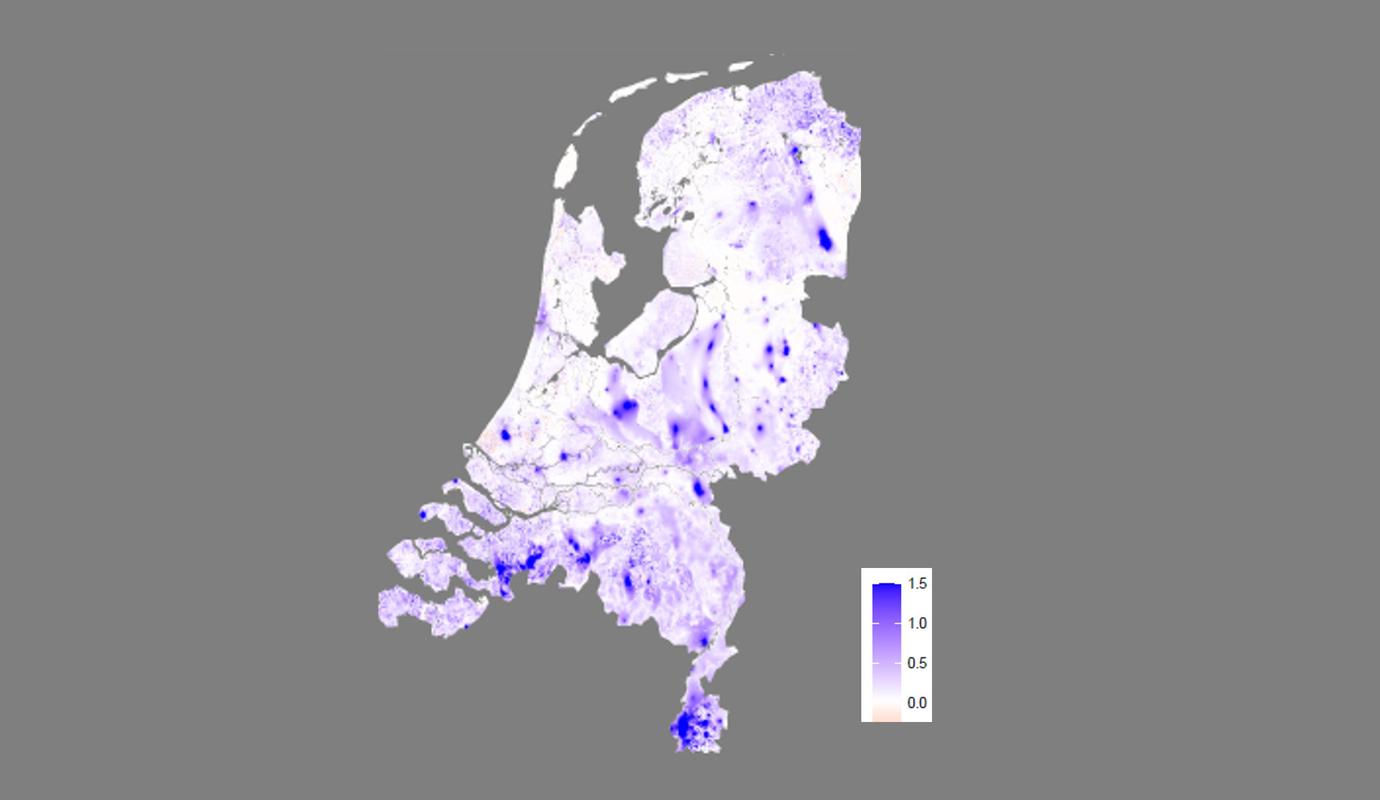 Kaart van Nederland met weergegeven: invloed van aanpassingen in land gebruik en watermanagement op de grondwaterstanden in Nederland gegevens in meters ten opzichte van het huidige systeem.